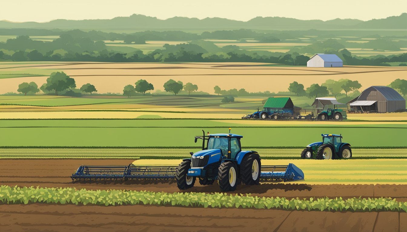 A vast expanse of farmland in Kenedy County, Texas, with tractors plowing the fields and workers tending to crops