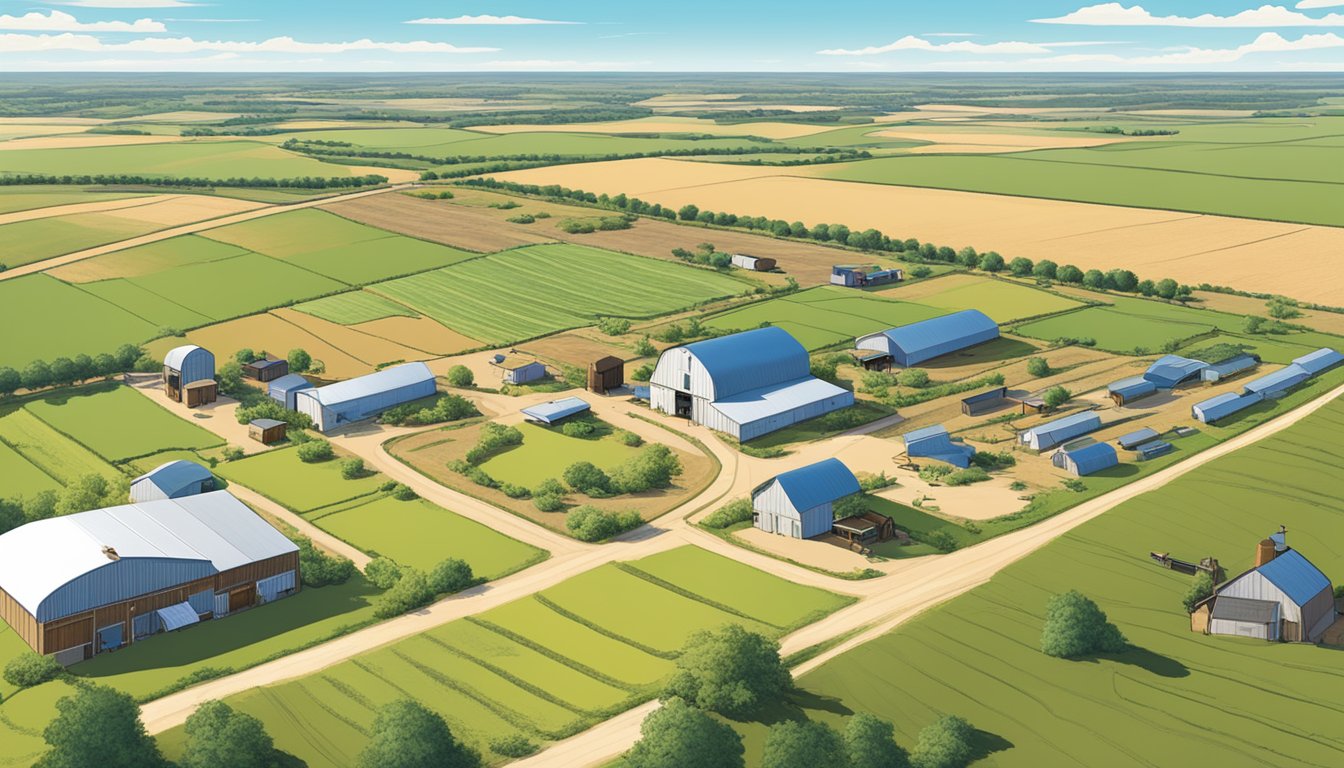 A sprawling farm in Hutchinson County, Texas, with specialized crops and livestock, surrounded by open fields and a clear blue sky