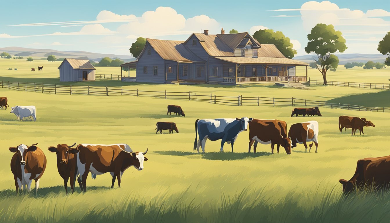 A vast Texas landscape with rolling fields and a ranch house, surrounded by grazing cattle and a clear blue sky