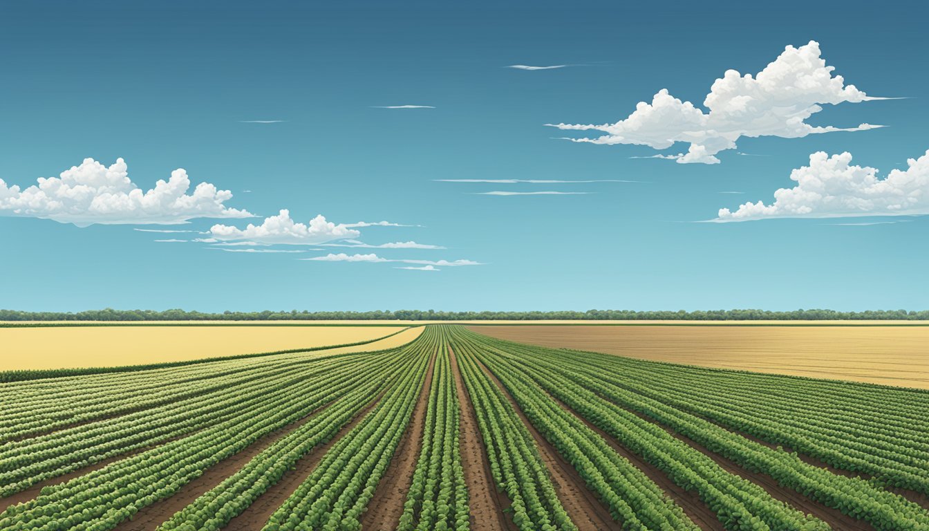 A vast, open field in Kenedy County, Texas, with rows of crops stretching out towards the horizon, under a clear blue sky