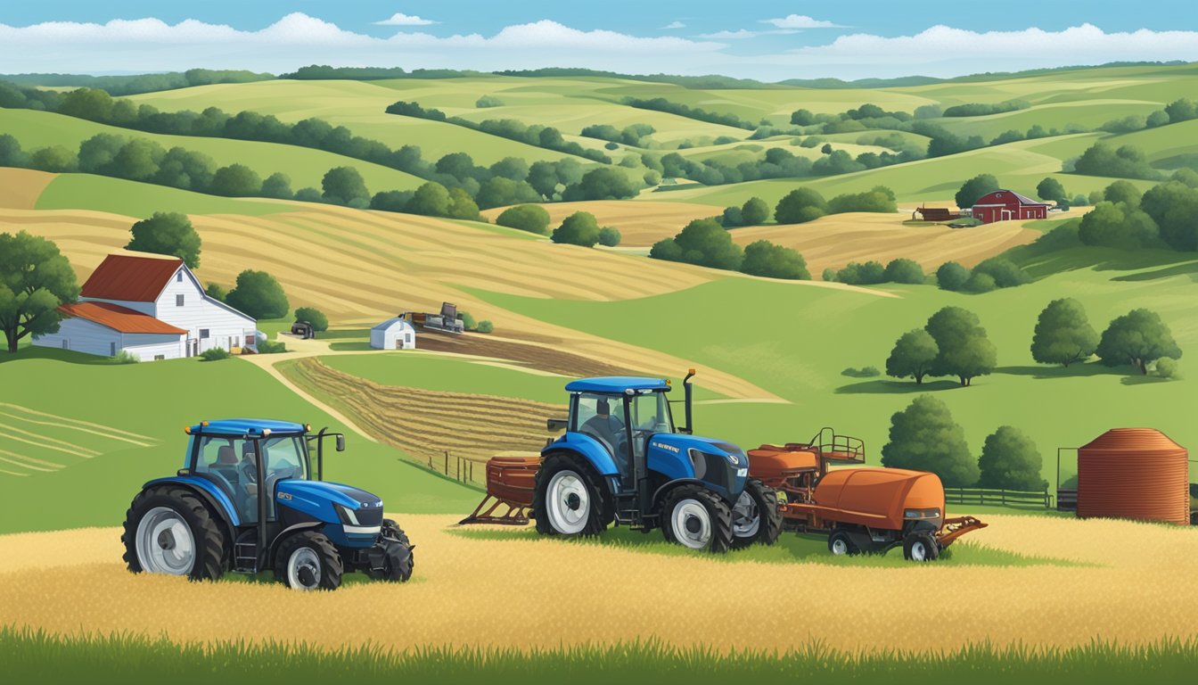 A rural Texas farm with rolling hills, a farmhouse, and livestock grazing in the fields. A tractor and farming equipment are visible, along with a clear blue sky overhead