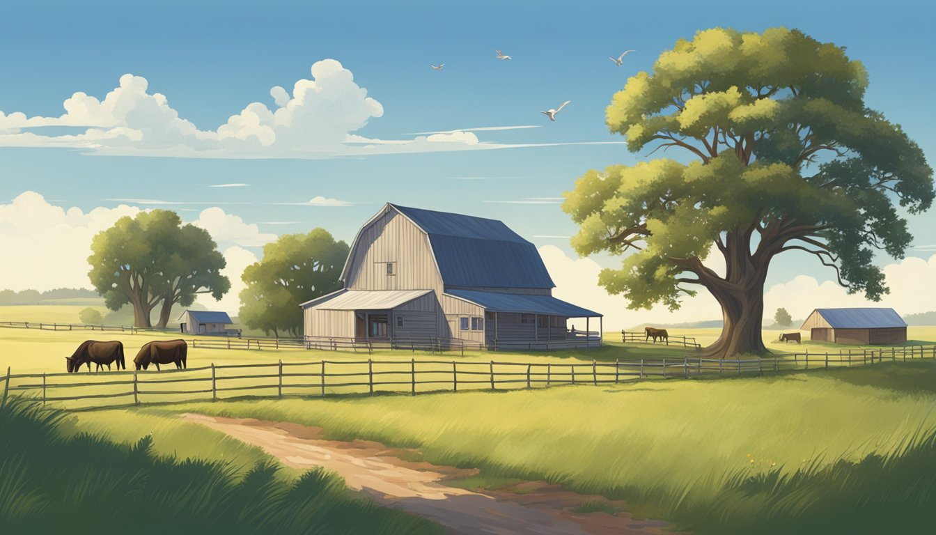 A rural Texas landscape with a farmhouse, barn, and grazing livestock under a clear blue sky