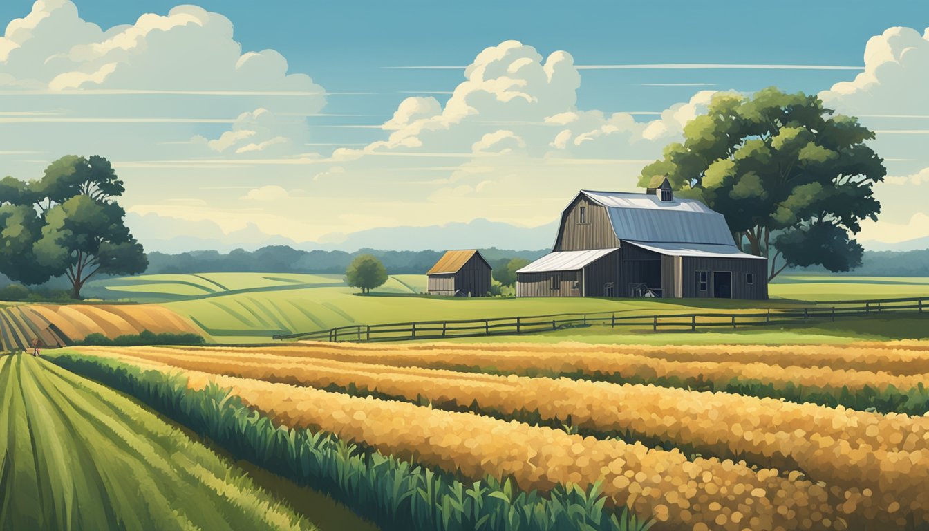 A rural landscape with a farmhouse, barn, and fields of crops under a blue sky in Houston County, Texas