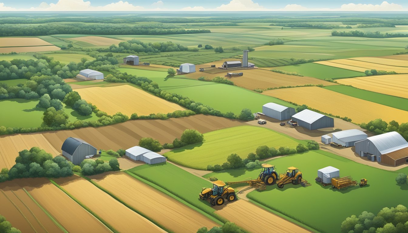 A diverse landscape of farmland in Houston County, Texas, with fields of crops, grazing livestock, and agricultural machinery