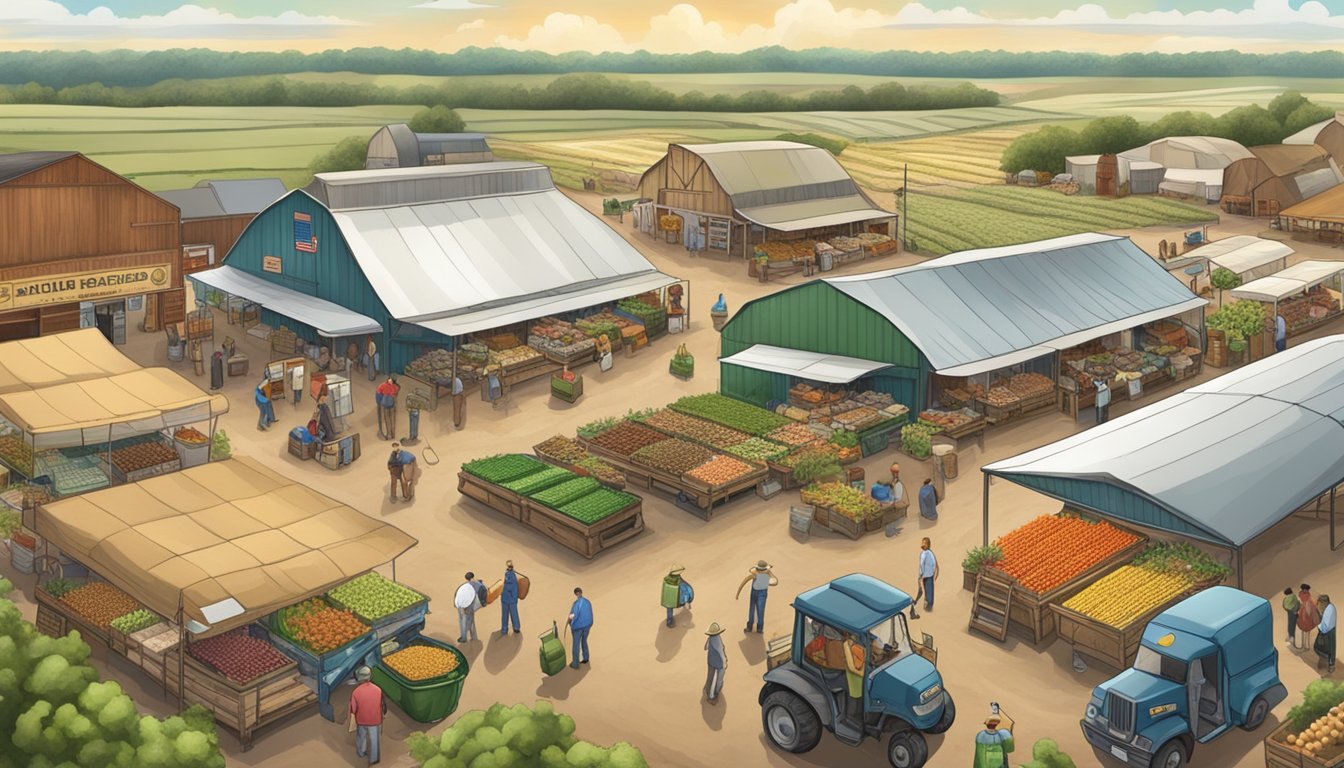 A bustling market with agricultural products, surrounded by productive farmland in Houston County, Texas