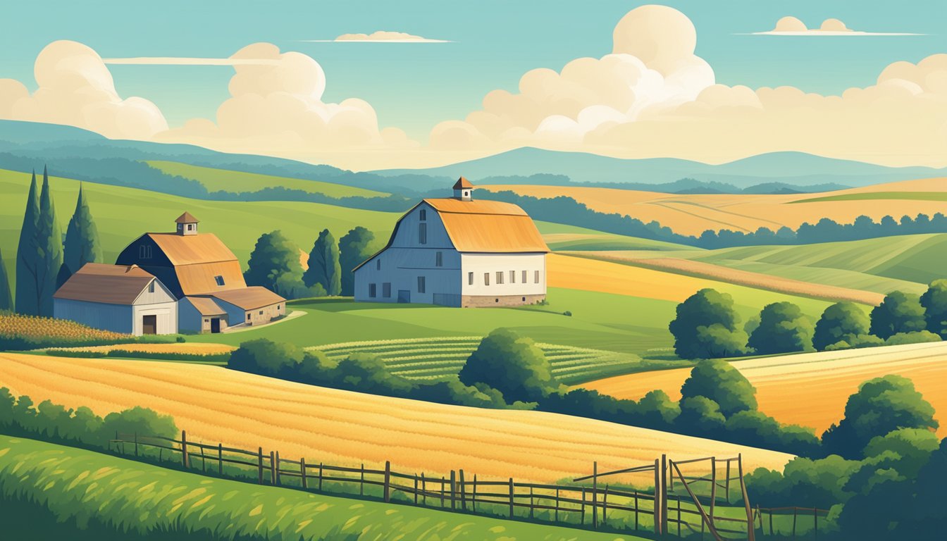 A rural landscape with a farmhouse, barn, and fields of crops under a clear blue sky