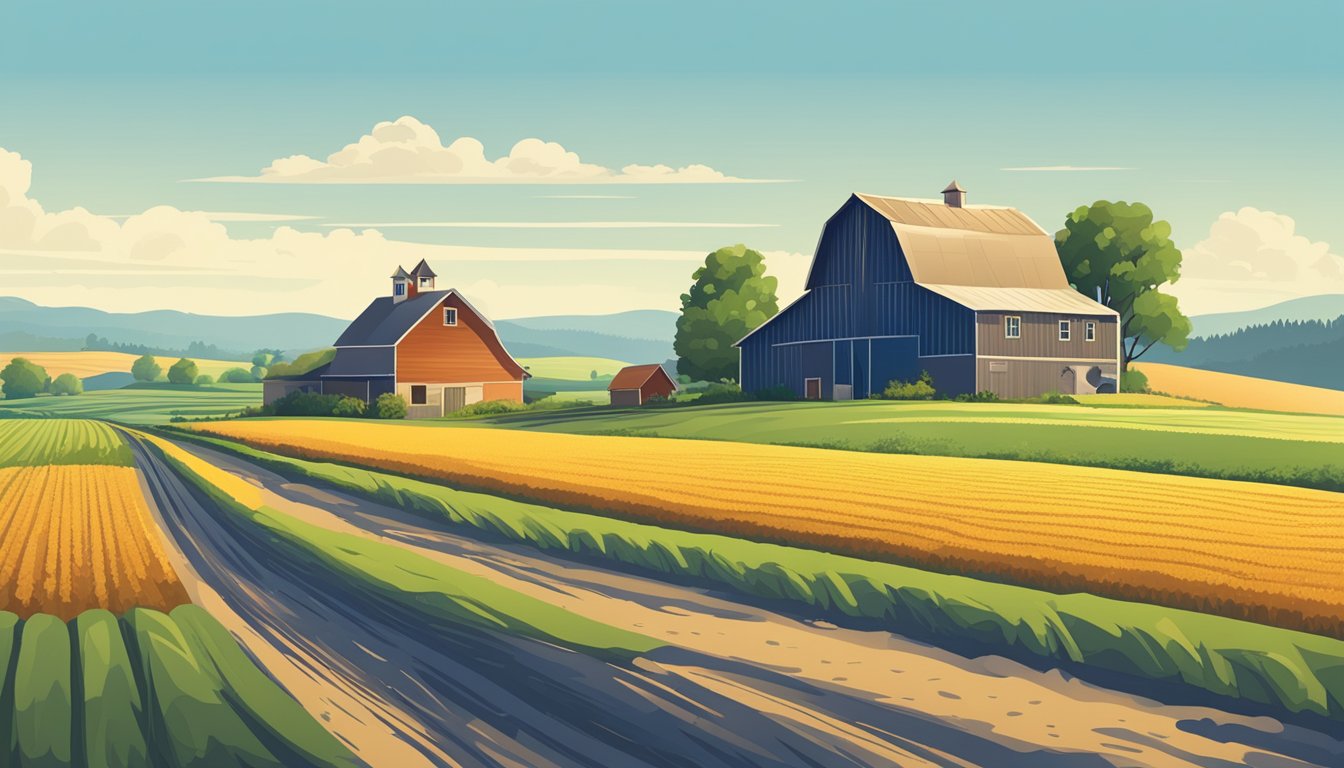 A rural landscape with a farmhouse, barn, and fields of crops under a clear blue sky