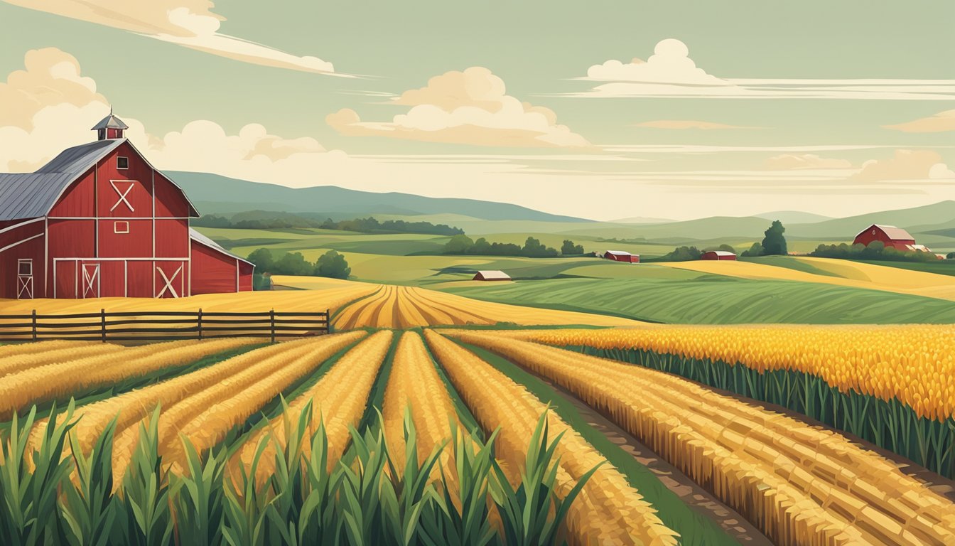 Rolling fields of wheat and corn stretch to the horizon, bordered by a rustic wooden fence. A small farmhouse sits nestled among the crops, with a red barn nearby