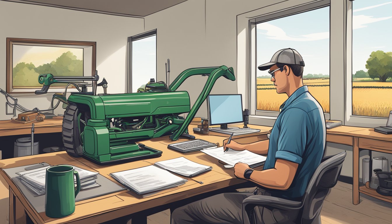 A farmer filling out paperwork at a desk in a rural Texas county office, surrounded by agricultural equipment and paperwork