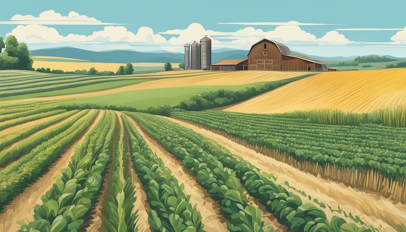 Rolling fields of crops under a clear blue sky, with a rustic barn and farmhouse in the distance