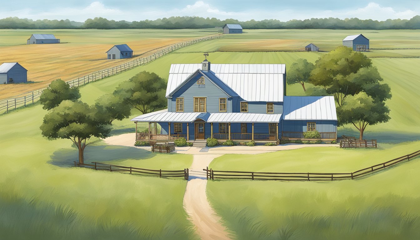 A ranch in Jones County, Texas with a sign displaying "Ag Exemption" and a large farmhouse surrounded by open fields and grazing cattle