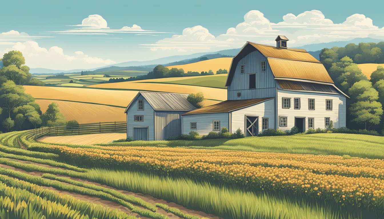 A rural landscape with a farmhouse, barn, and fields of crops under a clear blue sky