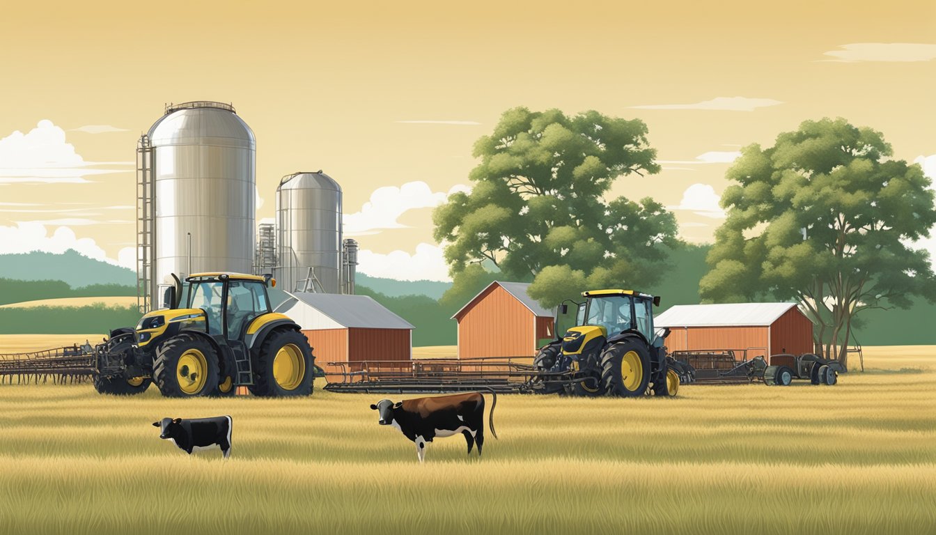 A rural landscape with farmland, cattle, and agricultural equipment under a clear sky in Jones County, Texas