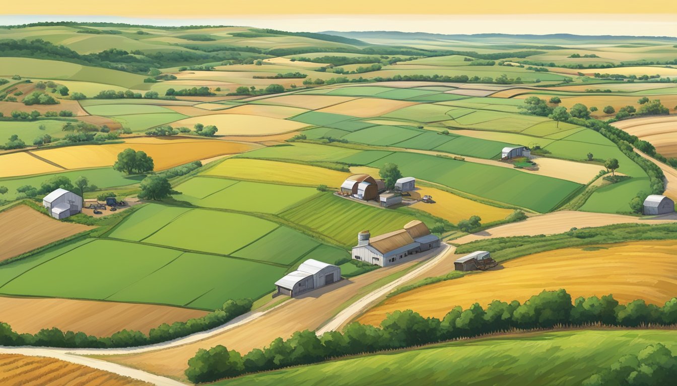 A sprawling rural landscape in Hood County, Texas, with fields of crops, grazing livestock, and agricultural machinery