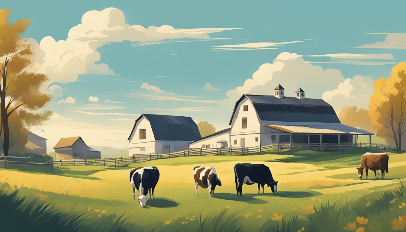 A rural landscape with a farmhouse, barn, and grazing livestock under a clear blue sky