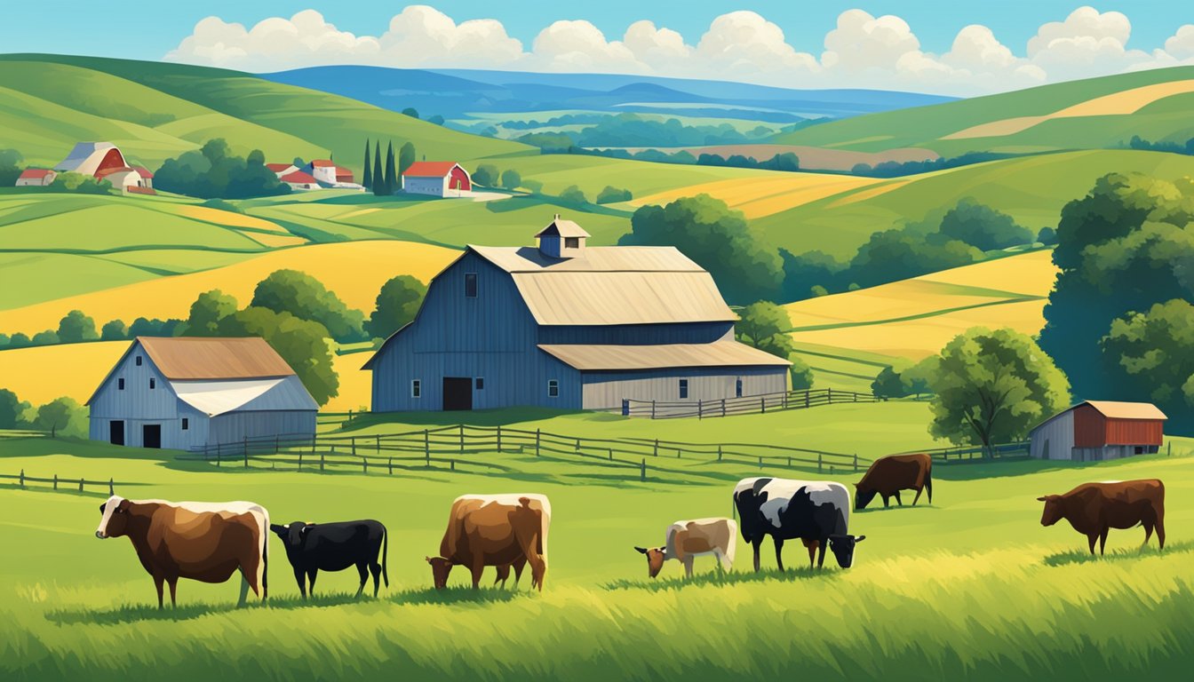 A rural landscape with a farmhouse, barn, and grazing livestock under a bright blue sky, surrounded by fields and rolling hills