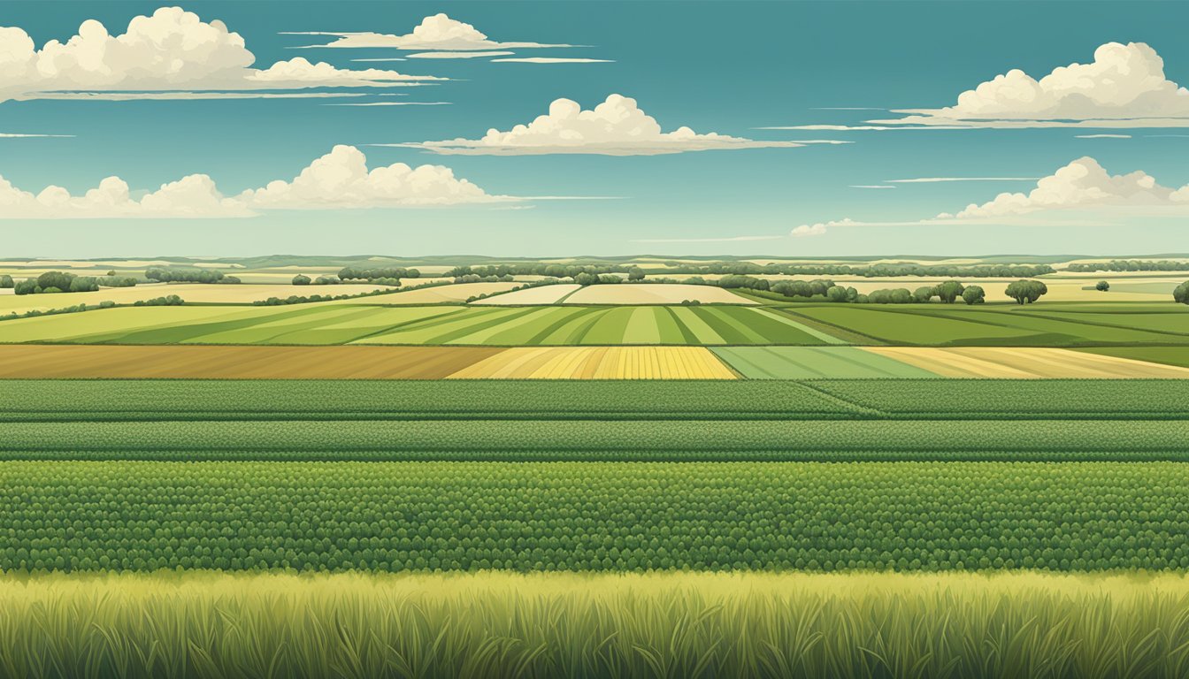 A vast expanse of farmland in Hockley County, Texas, with rows of crops and grazing livestock, under the wide open sky