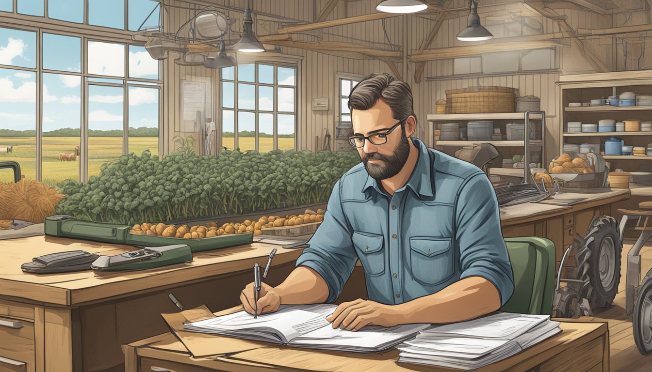 A farmer filling out paperwork at a desk, surrounded by agricultural equipment and livestock in Hockley County, Texas