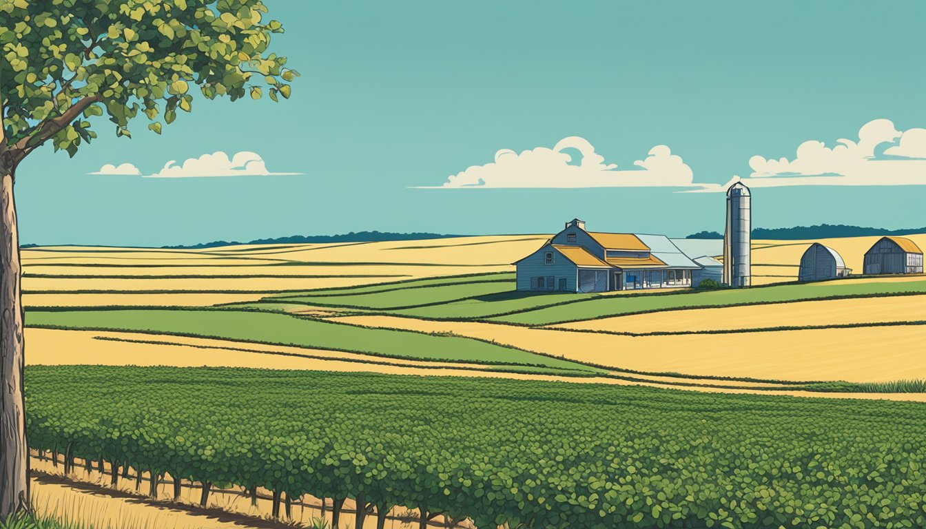 Rolling fields of crops under a clear blue sky, a farmhouse nestled in the distance, and a sign displaying "Hockley County, Texas Ag Exemption" prominently at the entrance