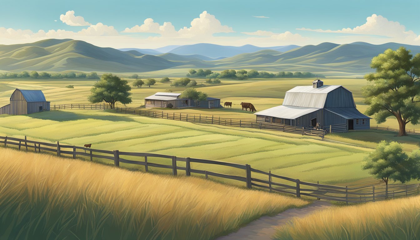 A rural landscape in Jim Hogg County, Texas, with a farmhouse, fields, and livestock, surrounded by rolling hills and a clear blue sky