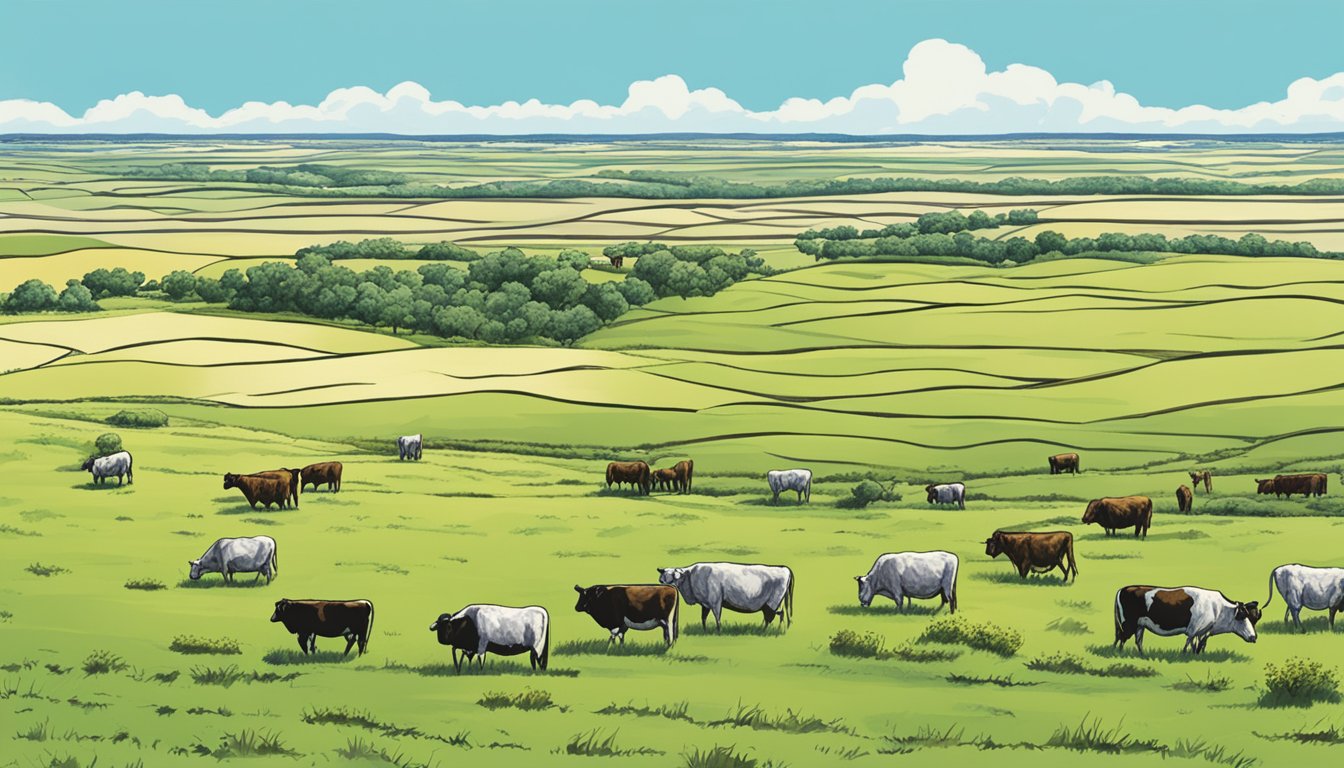 Rolling plains of Hockley County, Texas. A vast expanse of open land dotted with grazing cattle and bordered by a clear blue sky