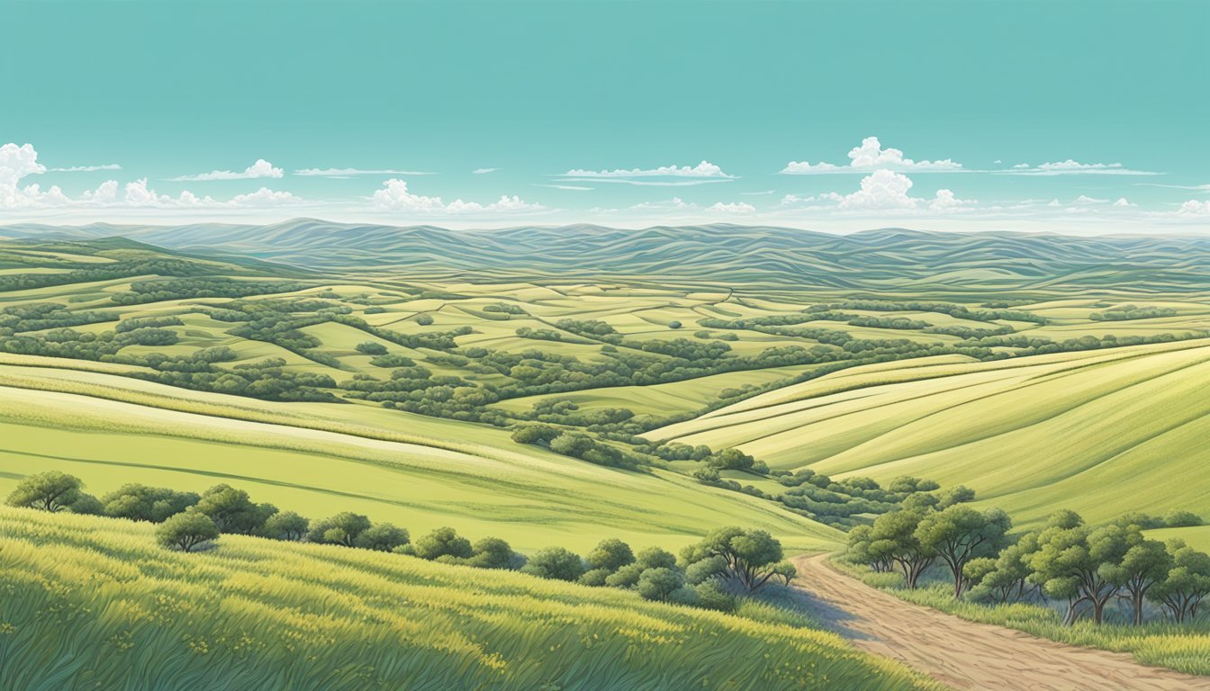 A vast landscape of rolling hills and open fields in Jim Hogg County, Texas, with grazing livestock and a clear blue sky