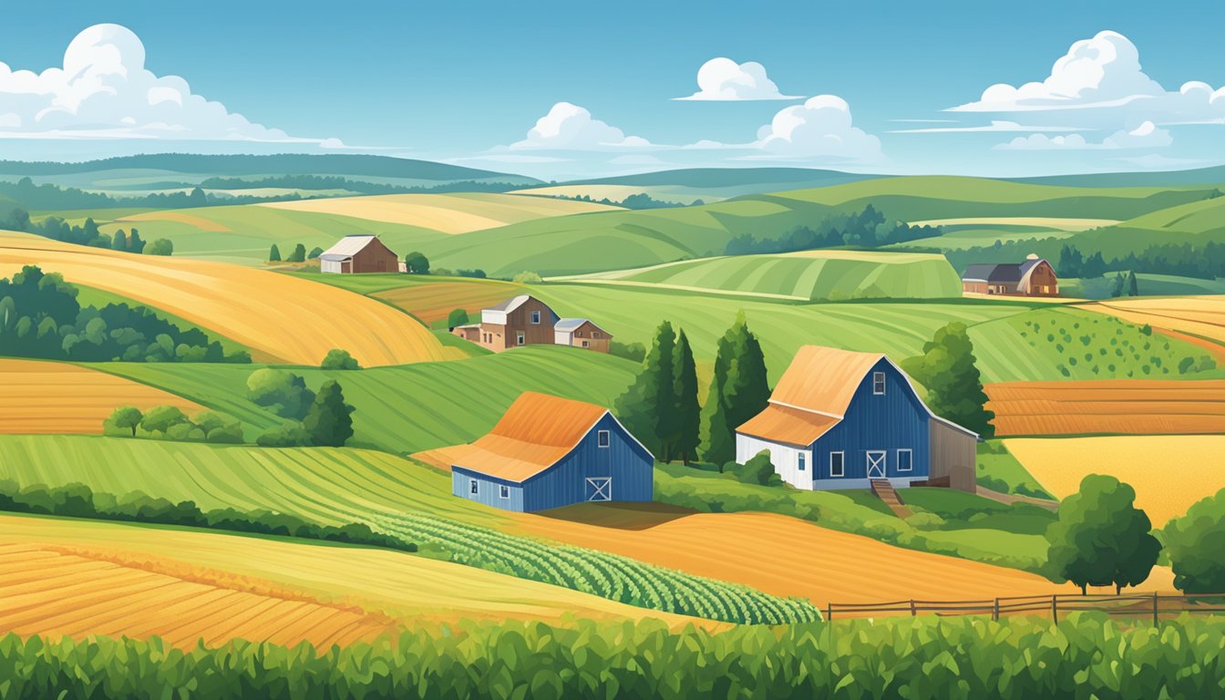 A rural landscape with a farmhouse, barn, and fields of crops under a clear blue sky