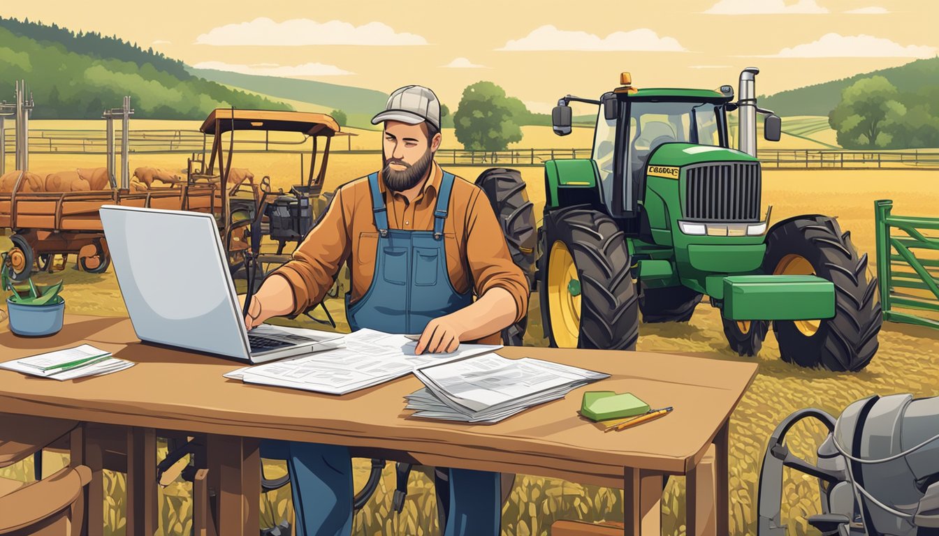 A farmer filling out paperwork at a desk, surrounded by agricultural equipment and livestock