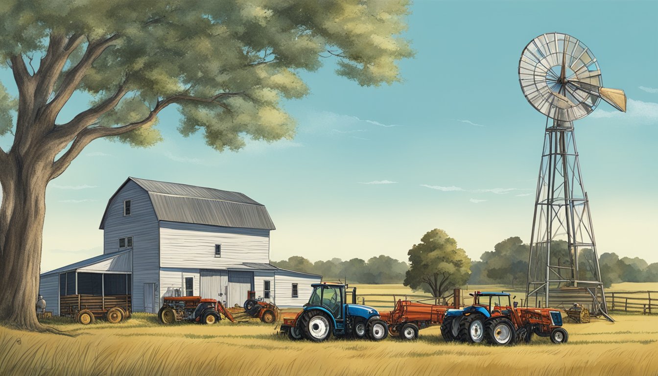 A rural landscape with a farm, livestock, and agricultural equipment under a clear sky in Jasper County, Texas