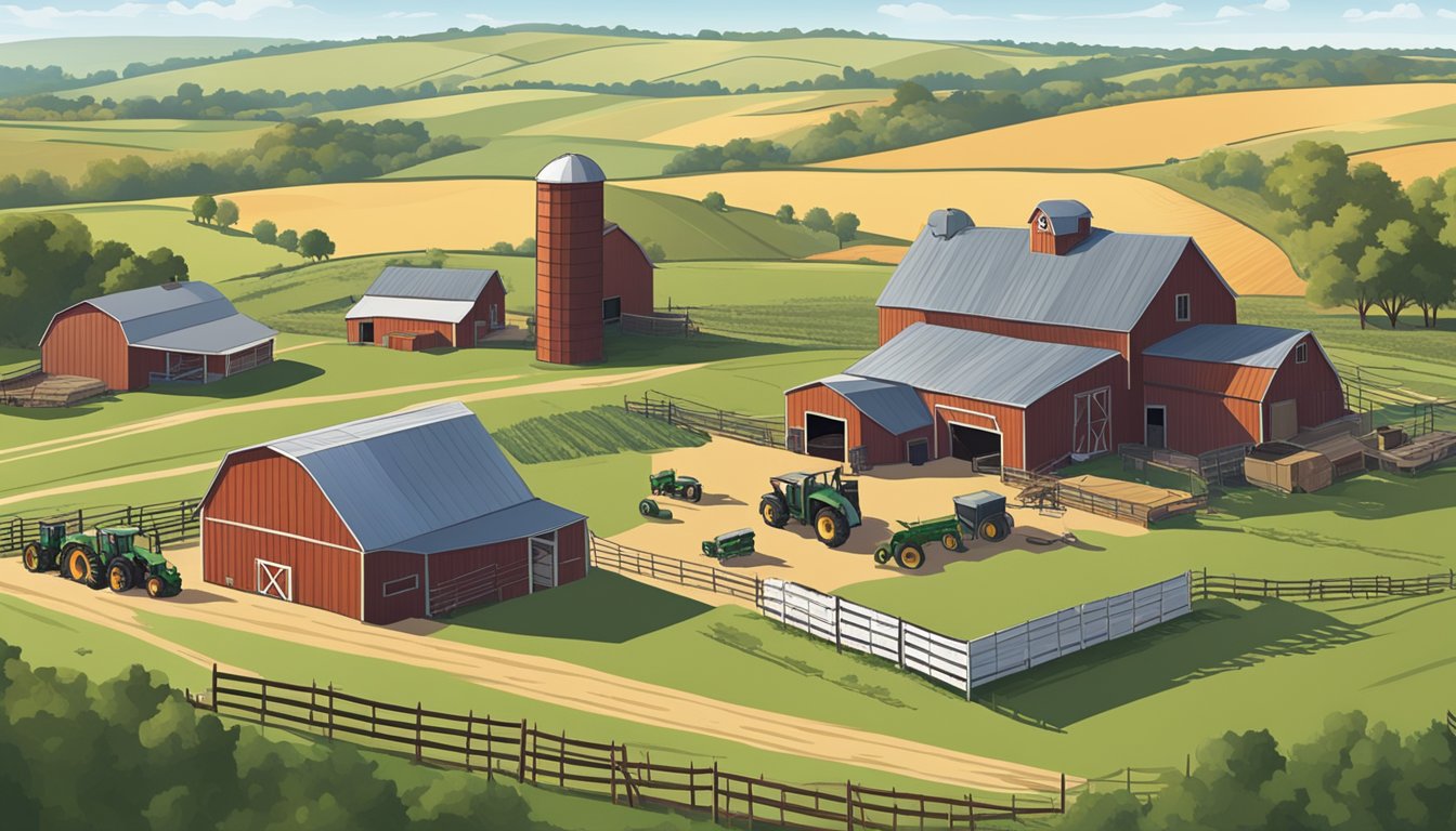 A rural Texas farm with livestock, crops, and machinery. A farmhouse and barn are visible, with a clear sky and rolling hills in the background