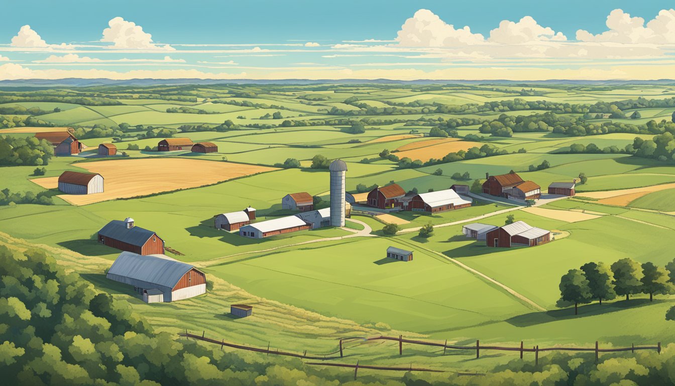 A sprawling rural landscape with fields, barns, and grazing livestock under a clear blue sky, with a prominent sign indicating "Knox County Texas Ag Exemption."