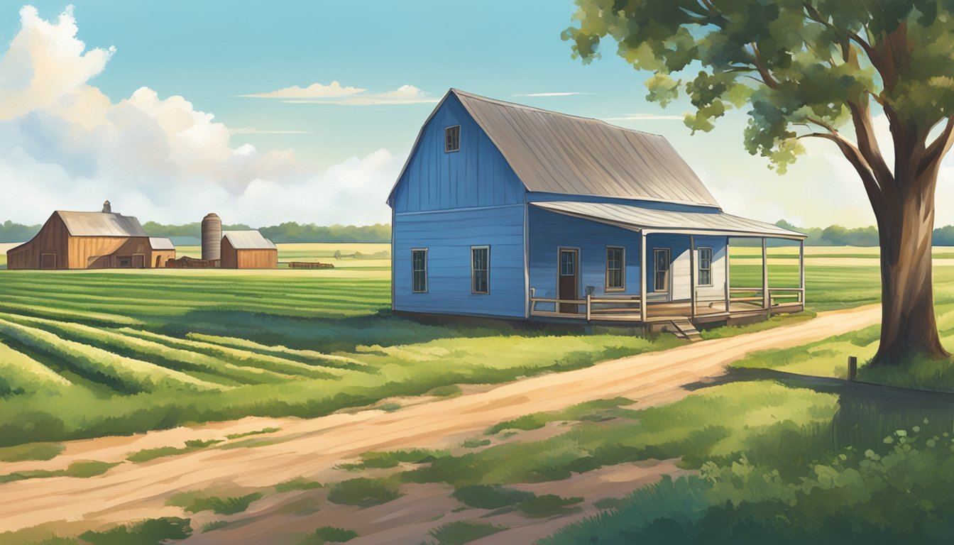 A rural landscape in Kleberg County, Texas with a farmhouse, barn, and fields of crops under a bright blue sky