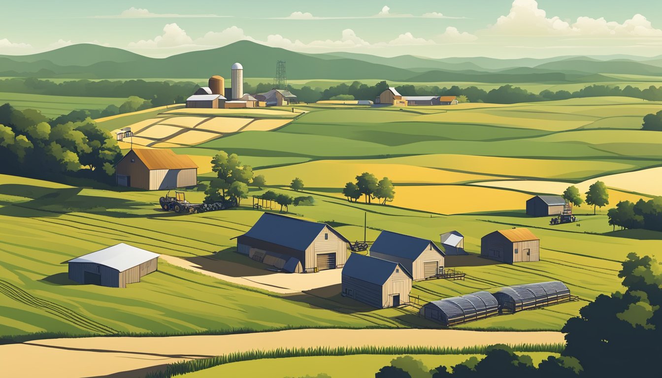 A rural landscape in Jasper County, Texas, with rolling fields, farm buildings, and agricultural equipment, illustrating the concept of agricultural appraisal and productivity valuation for ag exemption