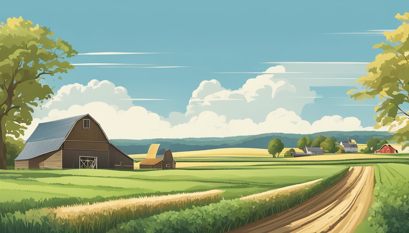 Rolling fields of crops and grazing livestock, with a farmhouse and barn in the distance, under a clear blue sky