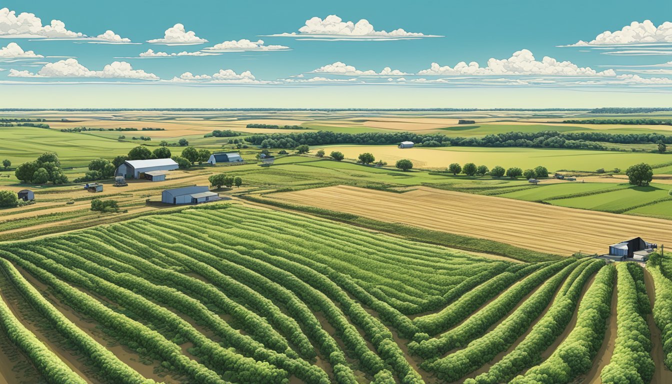 A sprawling landscape of farmland in Kleberg County, Texas, with rows of crops and grazing livestock, under a clear blue sky