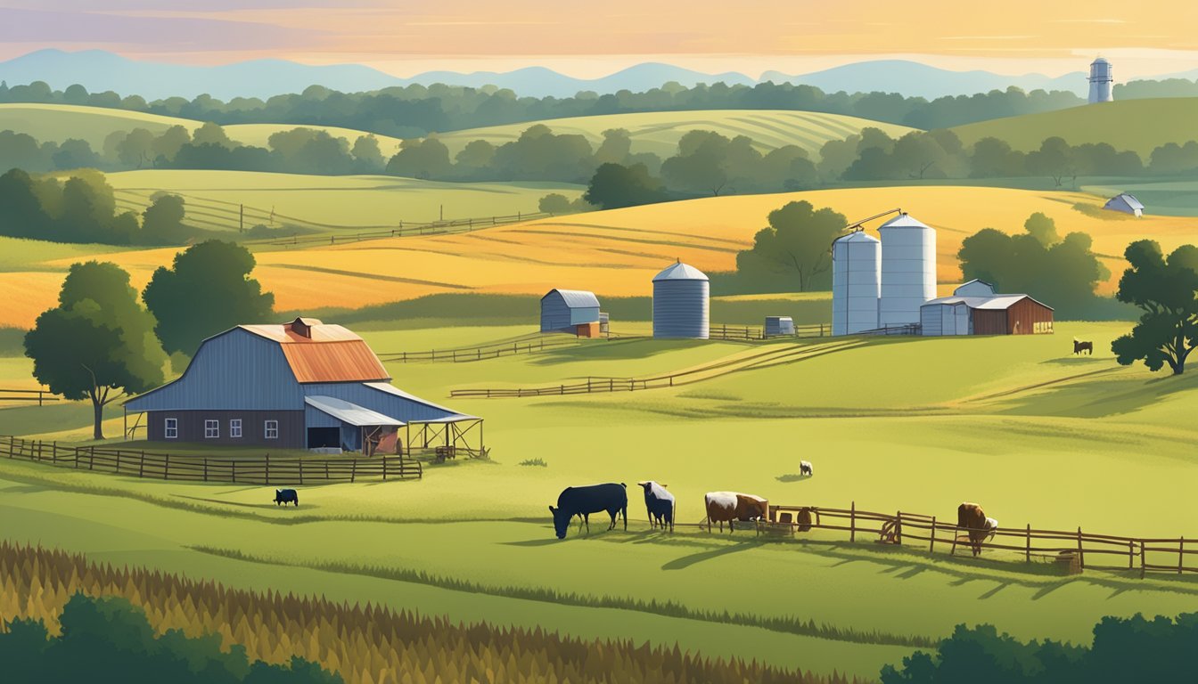 A rural landscape in Jasper County, Texas with a farm, livestock, and a sign indicating ag exemption for rollback taxes and penalties