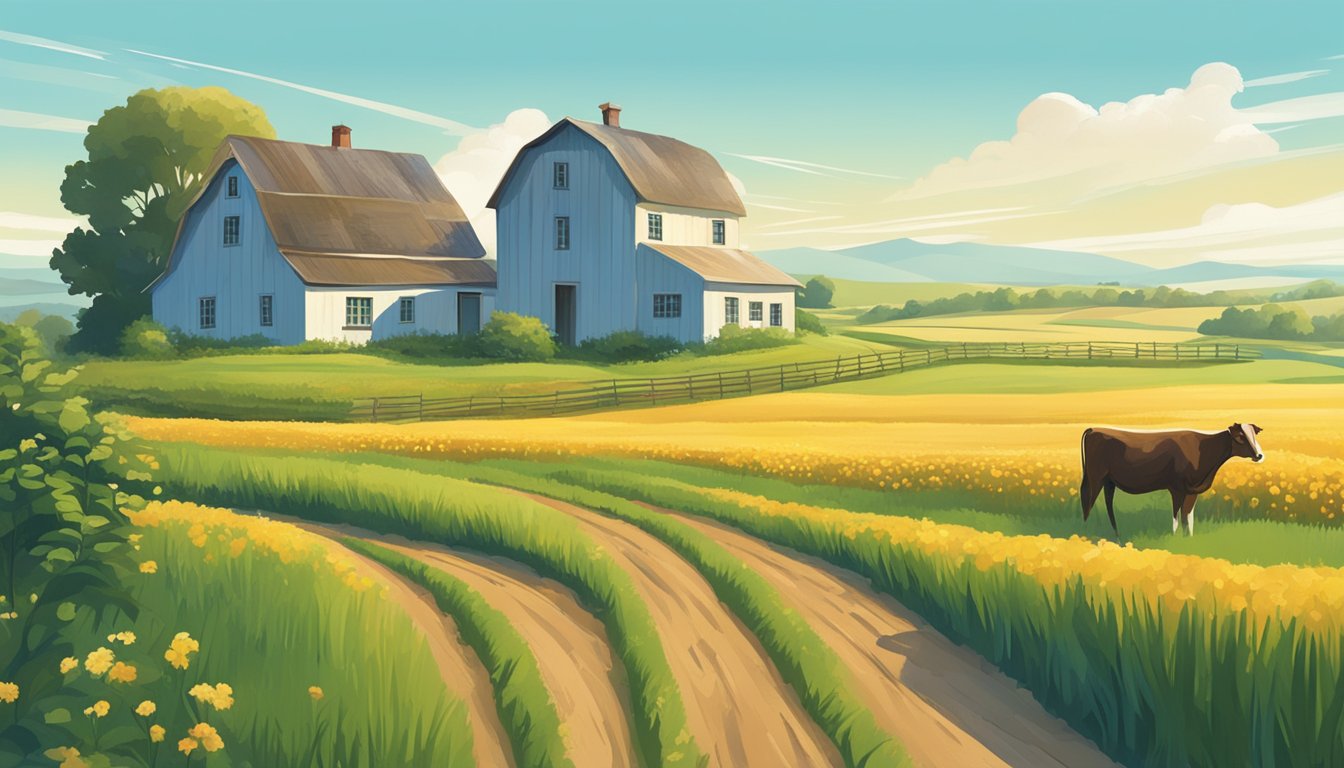 A rural landscape with a farmhouse, fields of crops, and grazing livestock under a bright blue sky