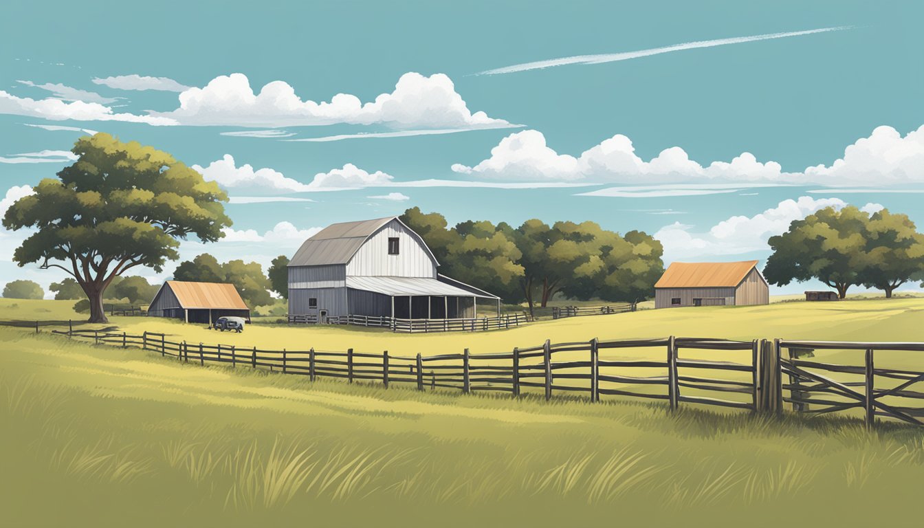 A rural landscape with a farmhouse, barn, and grazing livestock under a clear sky in Kleberg County, Texas