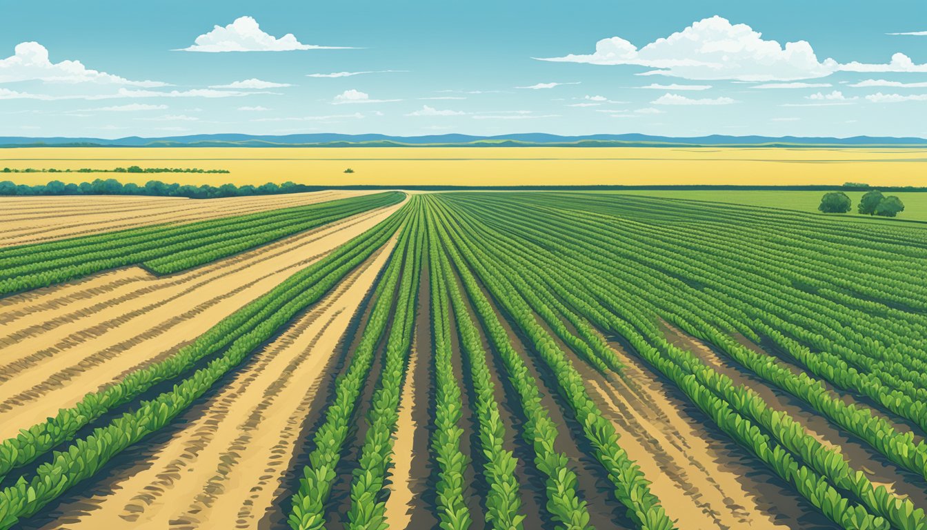 A vast, open field in Kinney County, Texas, with rows of crops stretching out towards the horizon under a clear blue sky