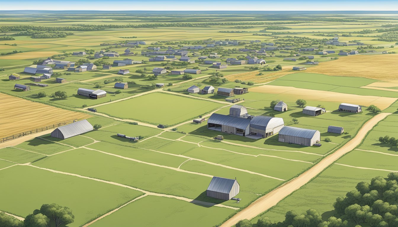 A sprawling rural landscape in Kleberg County, Texas, with wide open fields, grazing livestock, and farm buildings, all under a clear blue sky