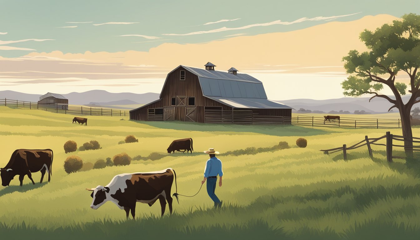 Rolling hills of Kinney County, Texas with grazing cattle, a rustic barn, and a farmer tending to the land