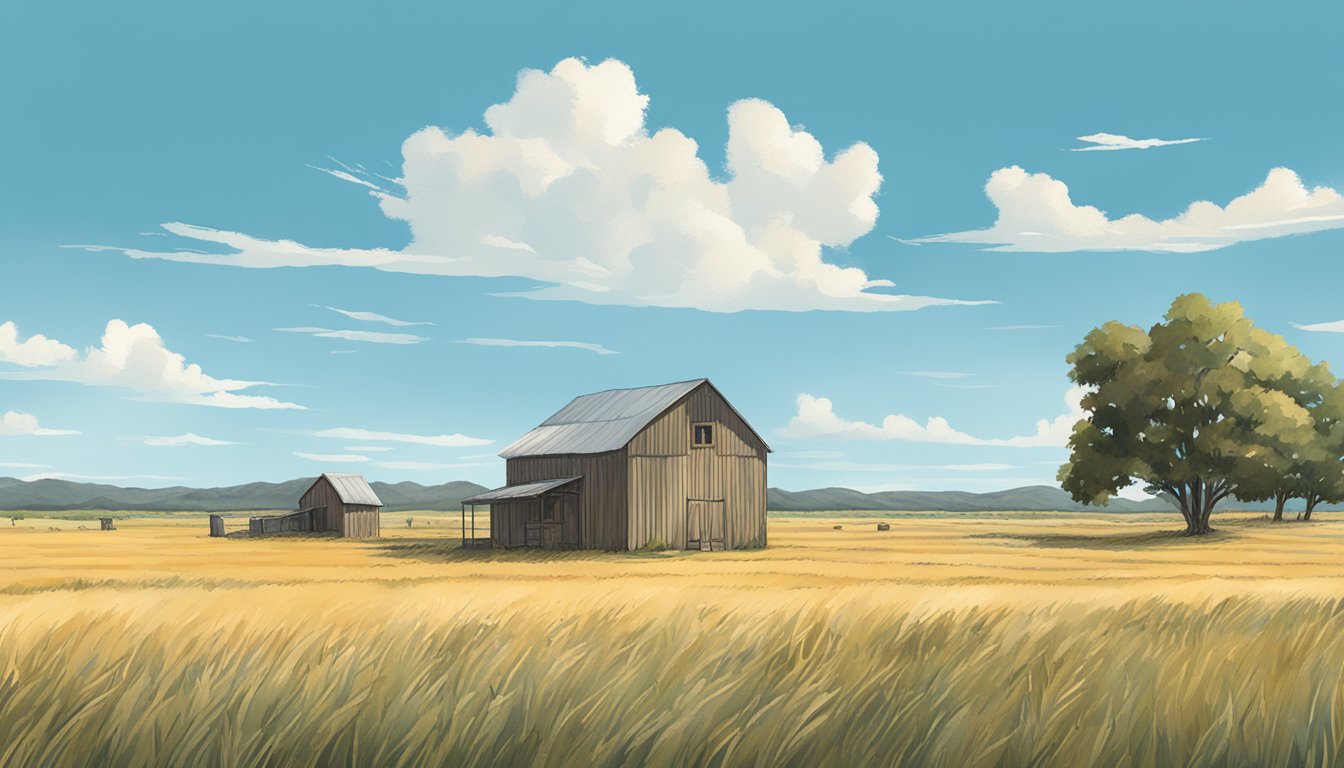 An open field in Irion County, Texas, with a clear blue sky and a small farm building in the distance