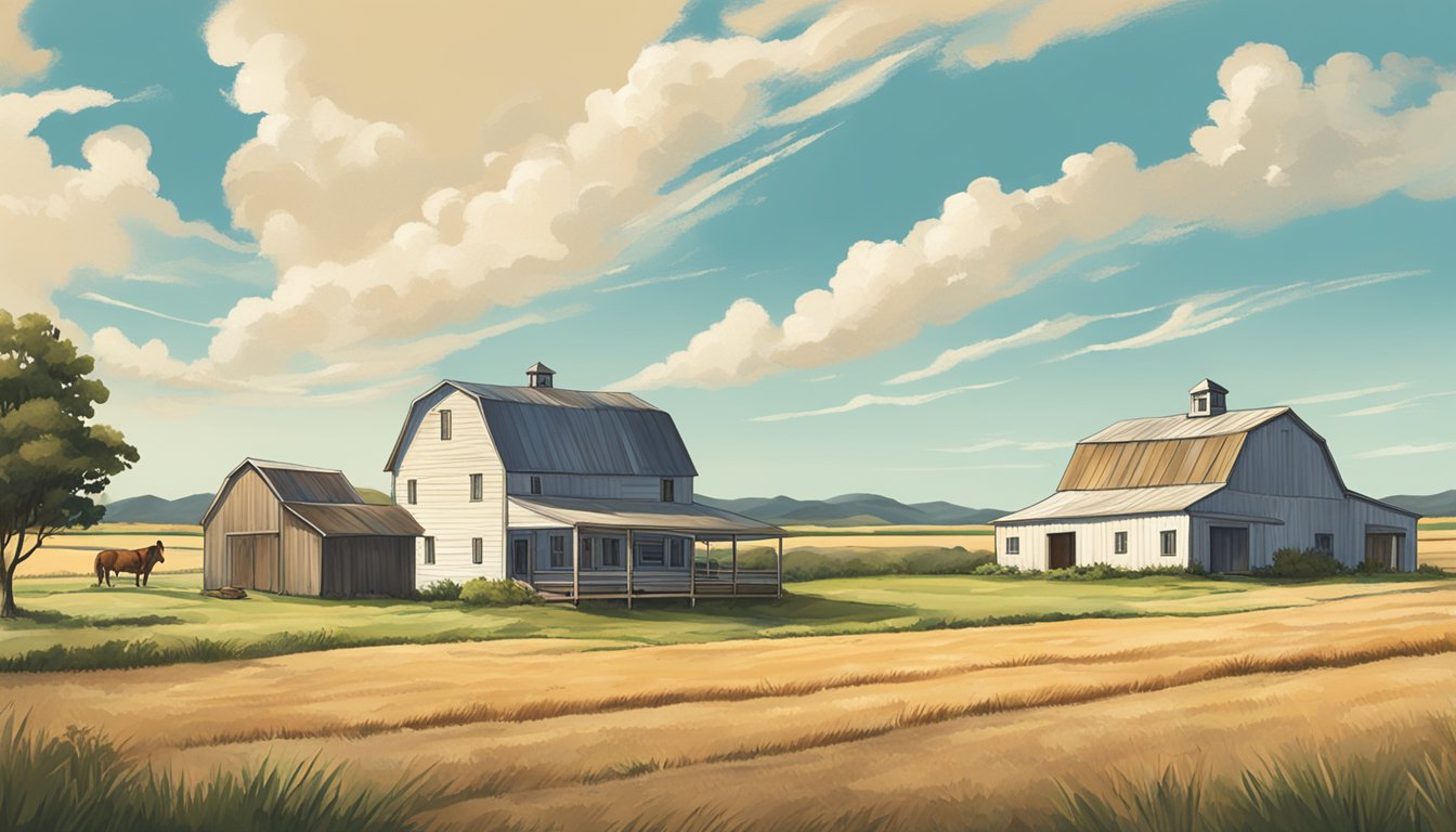 A rural landscape in Irion County, Texas, with a farmhouse, barn, and open fields under a clear sky