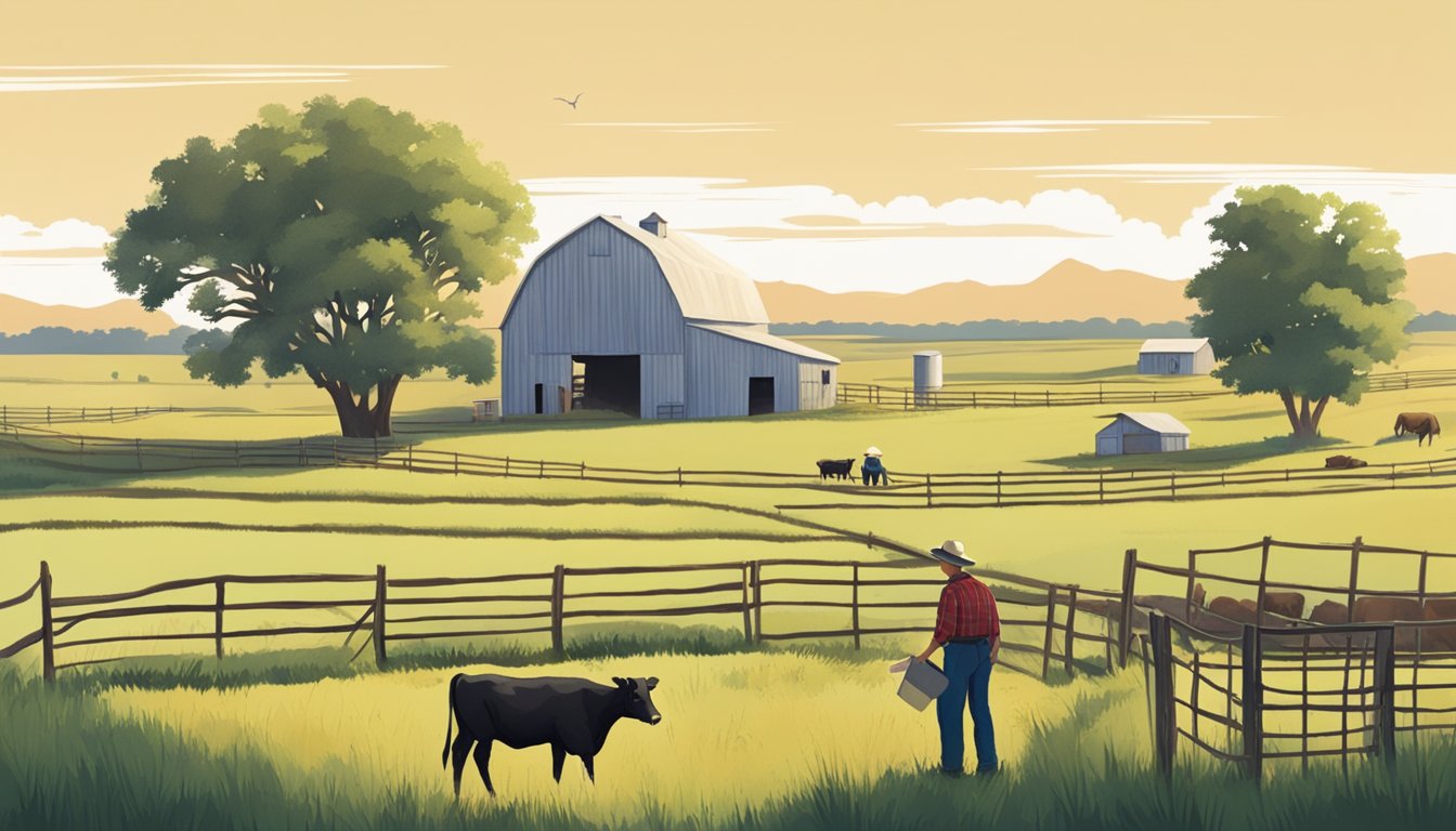 A rural landscape with a farmhouse, barn, and fields in Kinney County, Texas. A farmer fills out paperwork while livestock graze in the distance