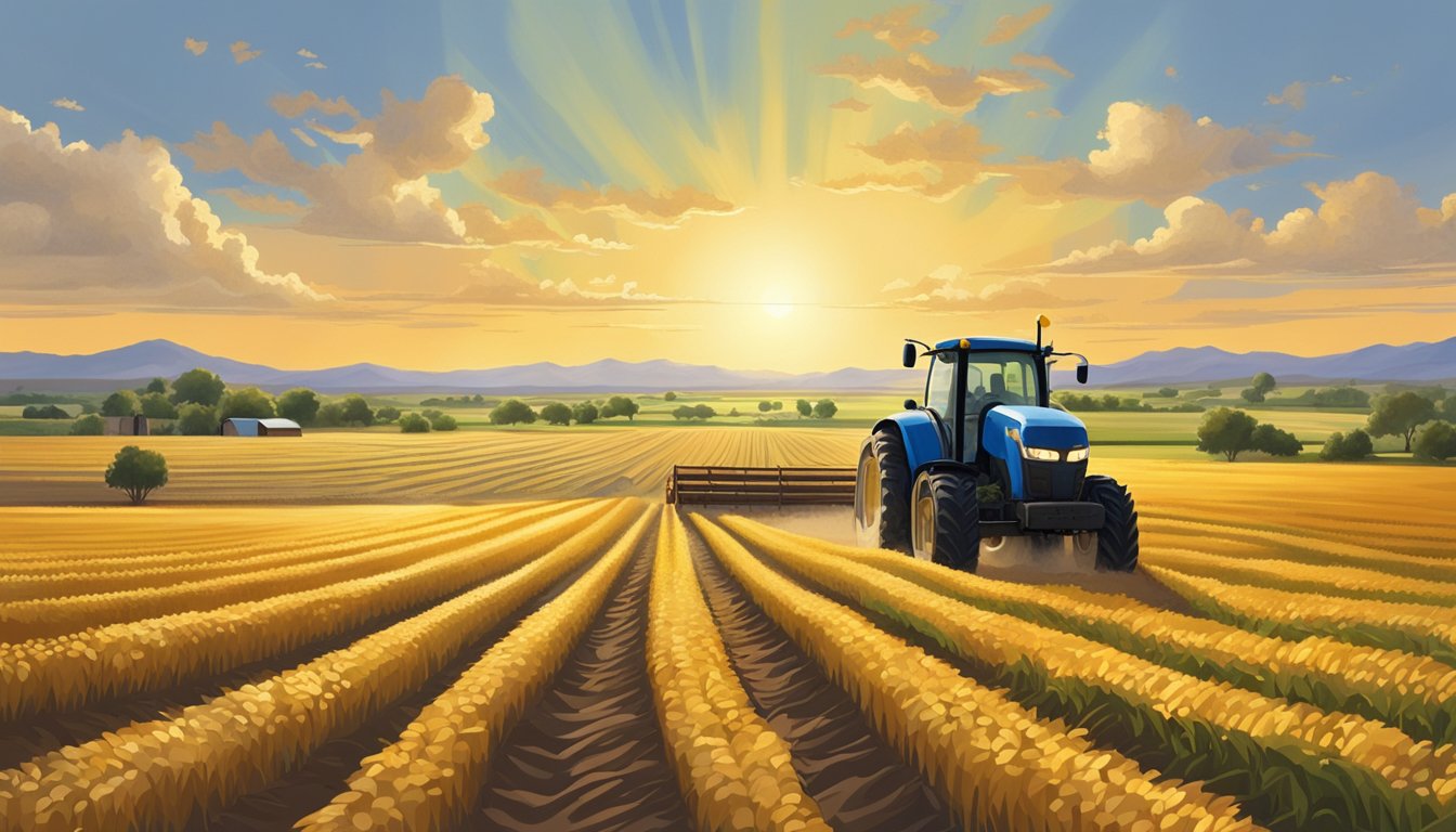 Golden fields of crops stretch across the vast landscape of Irion County, Texas. Tractors and farm equipment dot the fields as farmers work under the bright sun