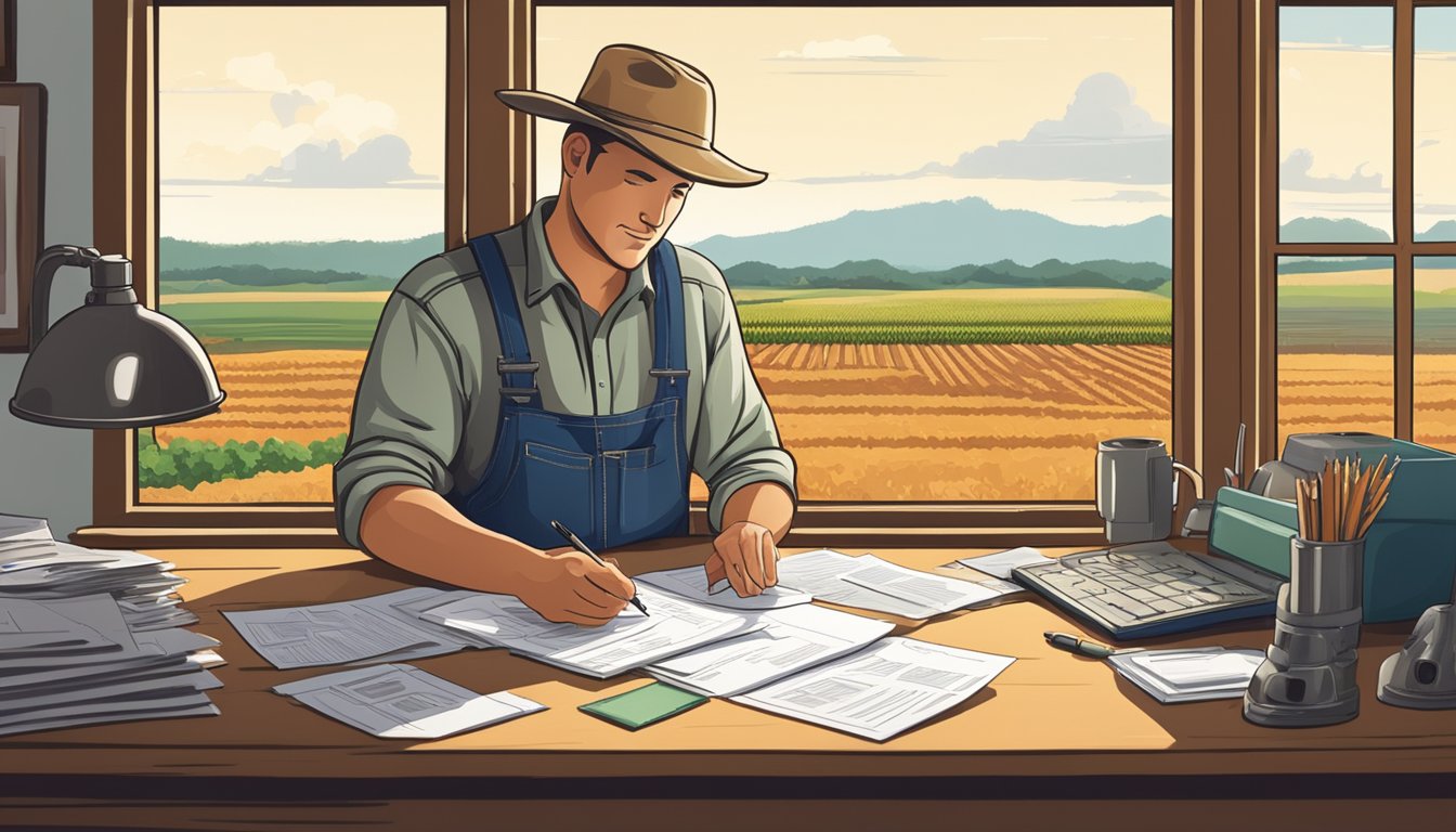 A farmer filling out paperwork at a desk, surrounded by agricultural equipment and documents, with the Texas countryside visible through a window