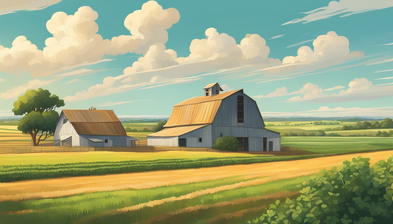 A sprawling rural landscape with a farmhouse, barn, and fields of crops under a sunny Texas sky