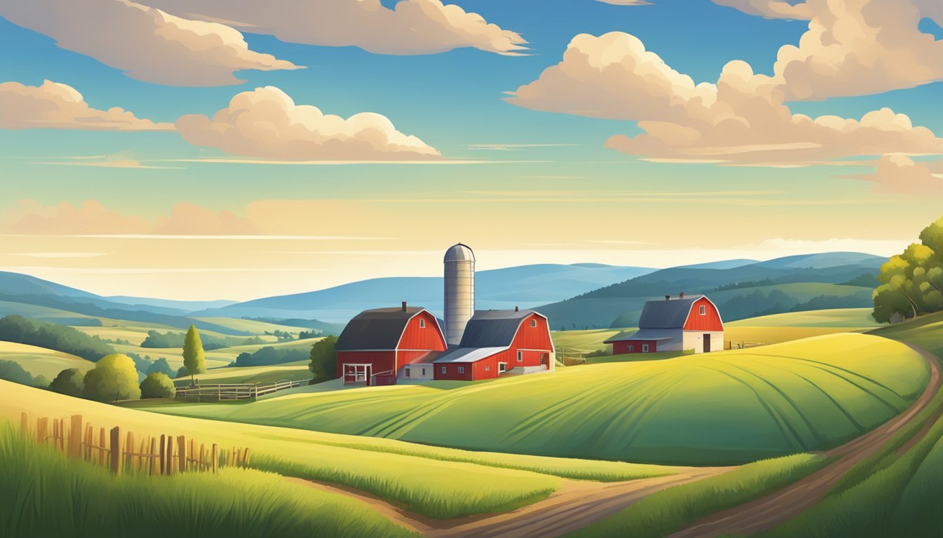 A rural landscape with a farmhouse, barn, and fields, surrounded by rolling hills and a clear blue sky