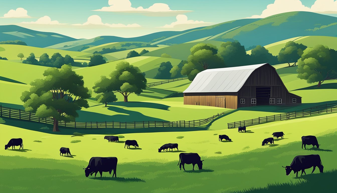 Rolling hills of green pastures with grazing cattle, a rustic barn, and a clear blue sky