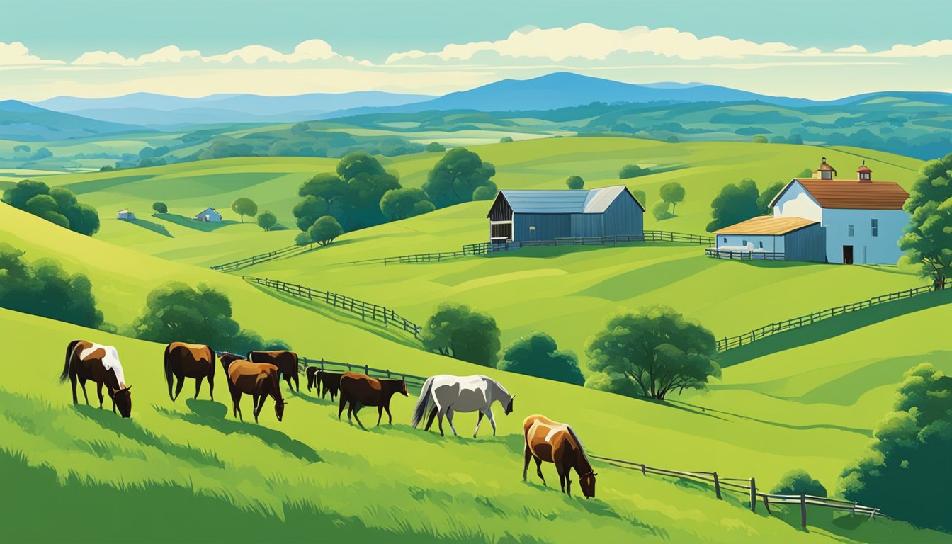 Rolling hills of green pastures dotted with grazing cattle and horses, framed by a bright blue sky and a distant farmhouse